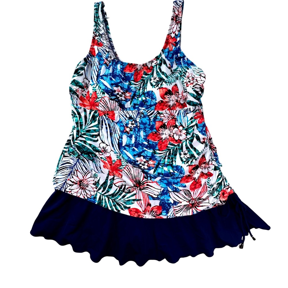 Azul Swimdress Women 18W Blue Floral Tropical Skirted One Piece Swimsuit